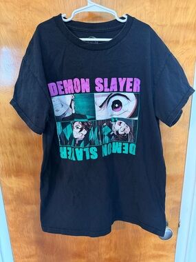 Demon Slayer Black Short Sleeve Graphic Tee with Pink & Teal Print